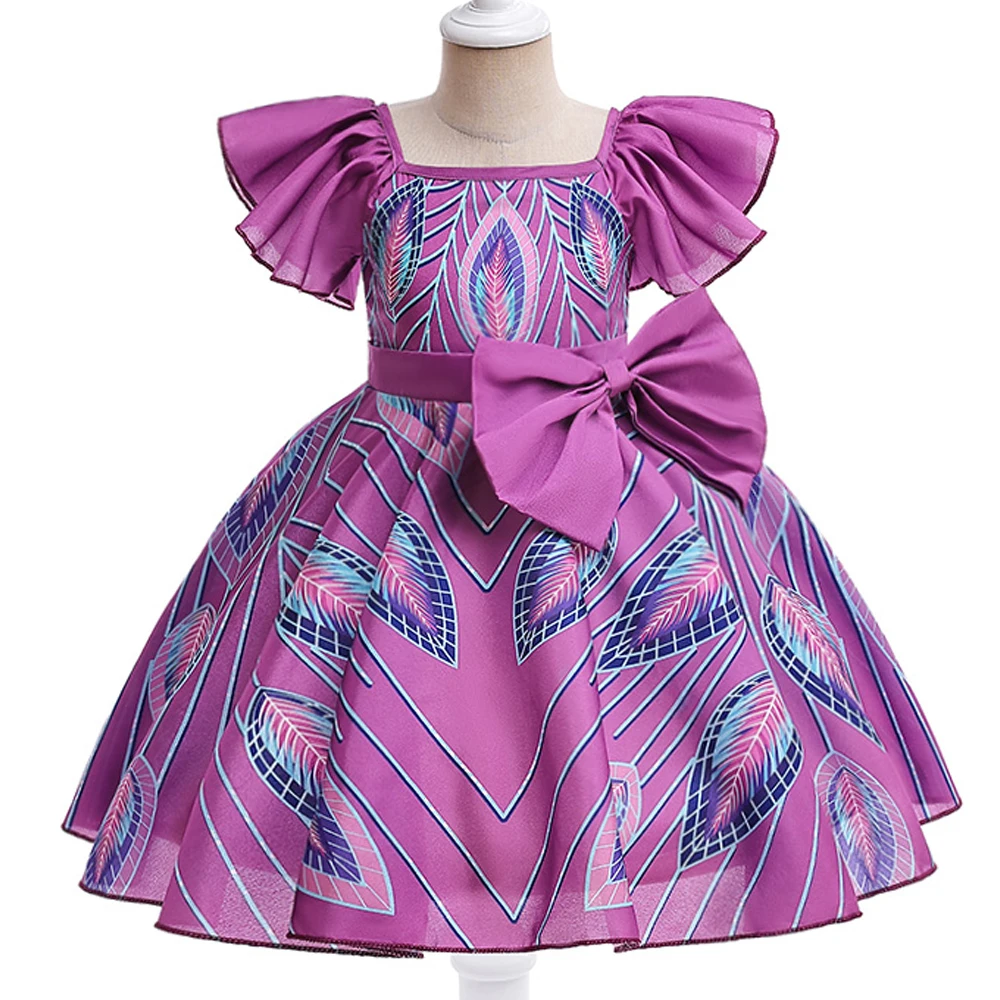 Summer Big Bow Girls Dress Leaf Prints Birthday Party Wedding Prom Princess Kids Dresses For Girl Evening Bridemaid Gown Costume