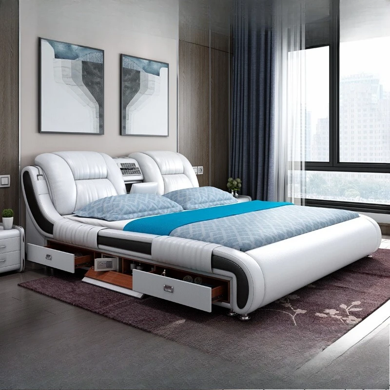 

Massager Design Bed Heavy Duty Metal Frames Double Luxury Bed Bedroom Girls Cama Inteligente Multifuncional Furnitures
