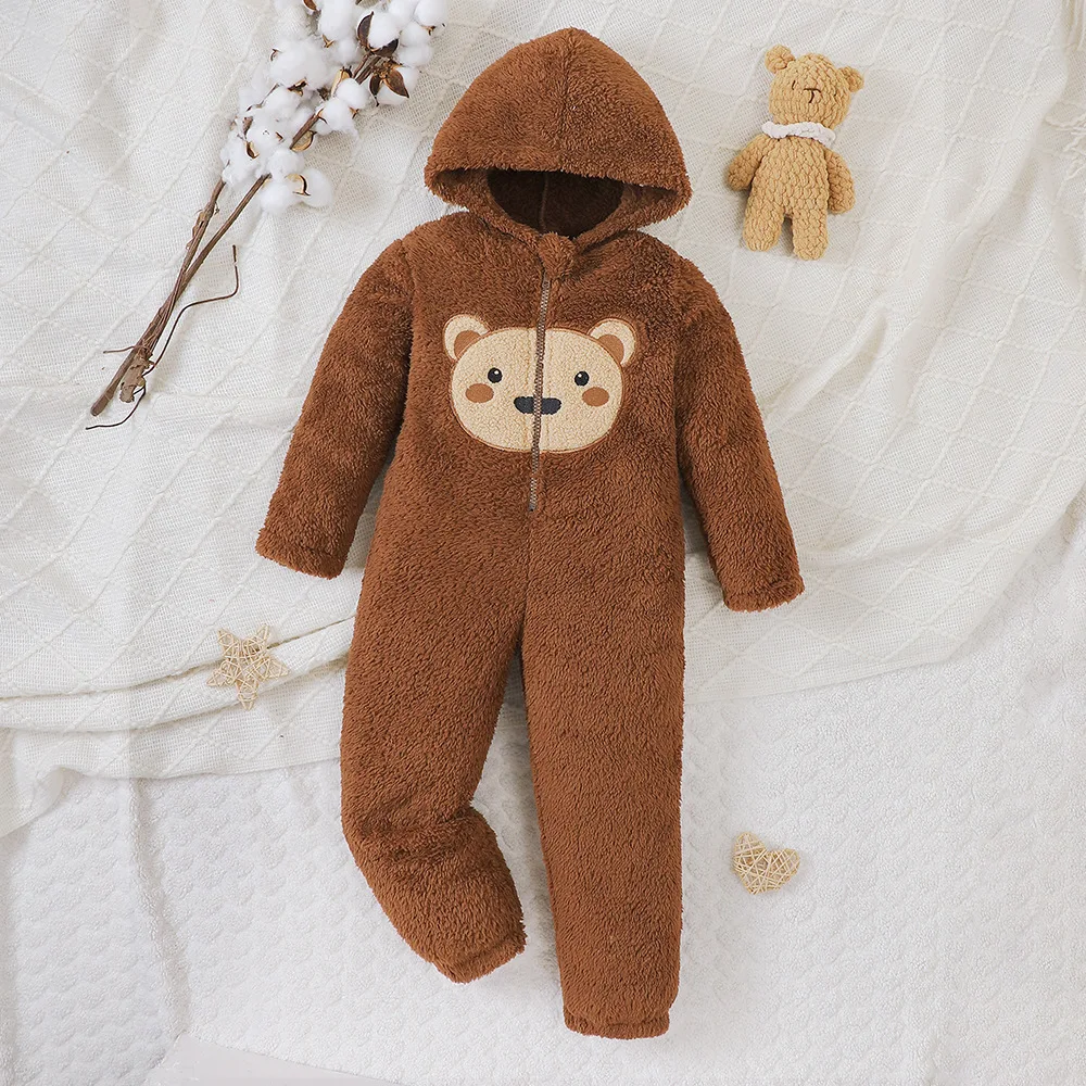 

2023 New Winter Infant Newborn Boys Romper Long Sleeve Hooded Print Bear Fleece Brown Rompers Clothes Outfits 0-2T