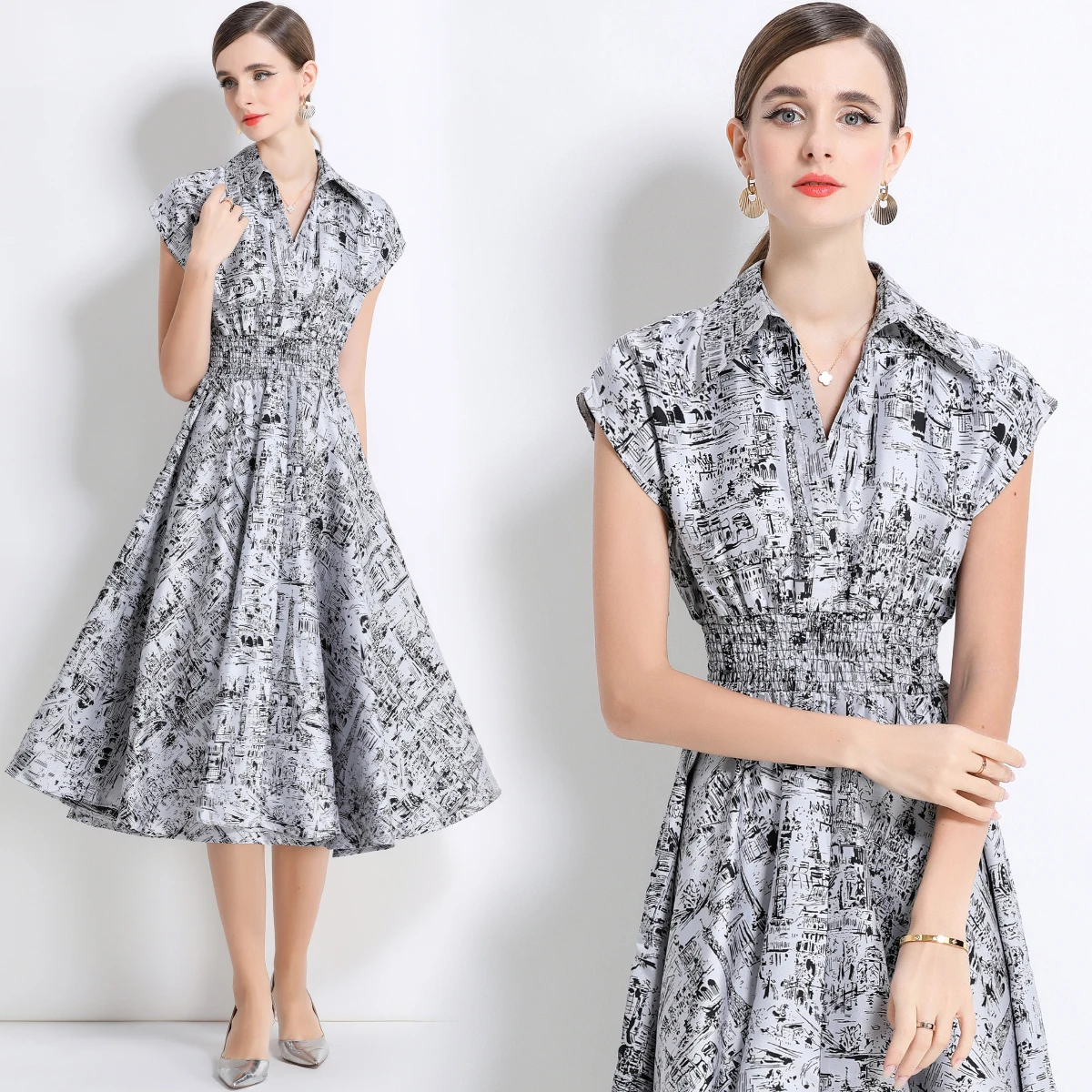 Saia Midi Casual Ele Collar com Estampa em Aquarela, Fibra de Poliéster, Silhueta em A, Fechamento com Um Botão, Cintura Média