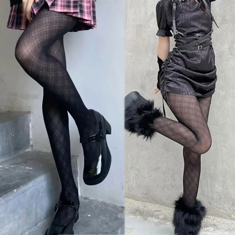 

P88B Women Dark Gothic Thin Black Pantyhose Harajuku Japanese Diamond Check Plaid Patterned Sheer Tights Cosplay