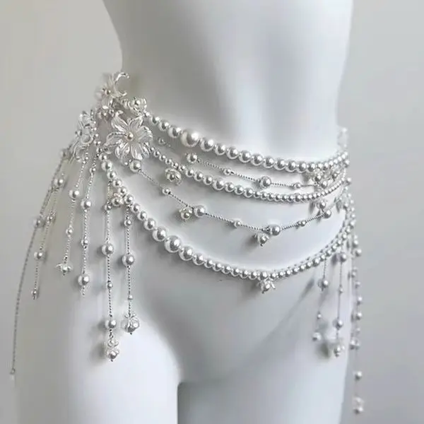 ‌Multi-Layer Pearl Fringe Body Chain - French Floral Waist Chain for Women, Elegant Hanfu Accessory Waist Decoration‌