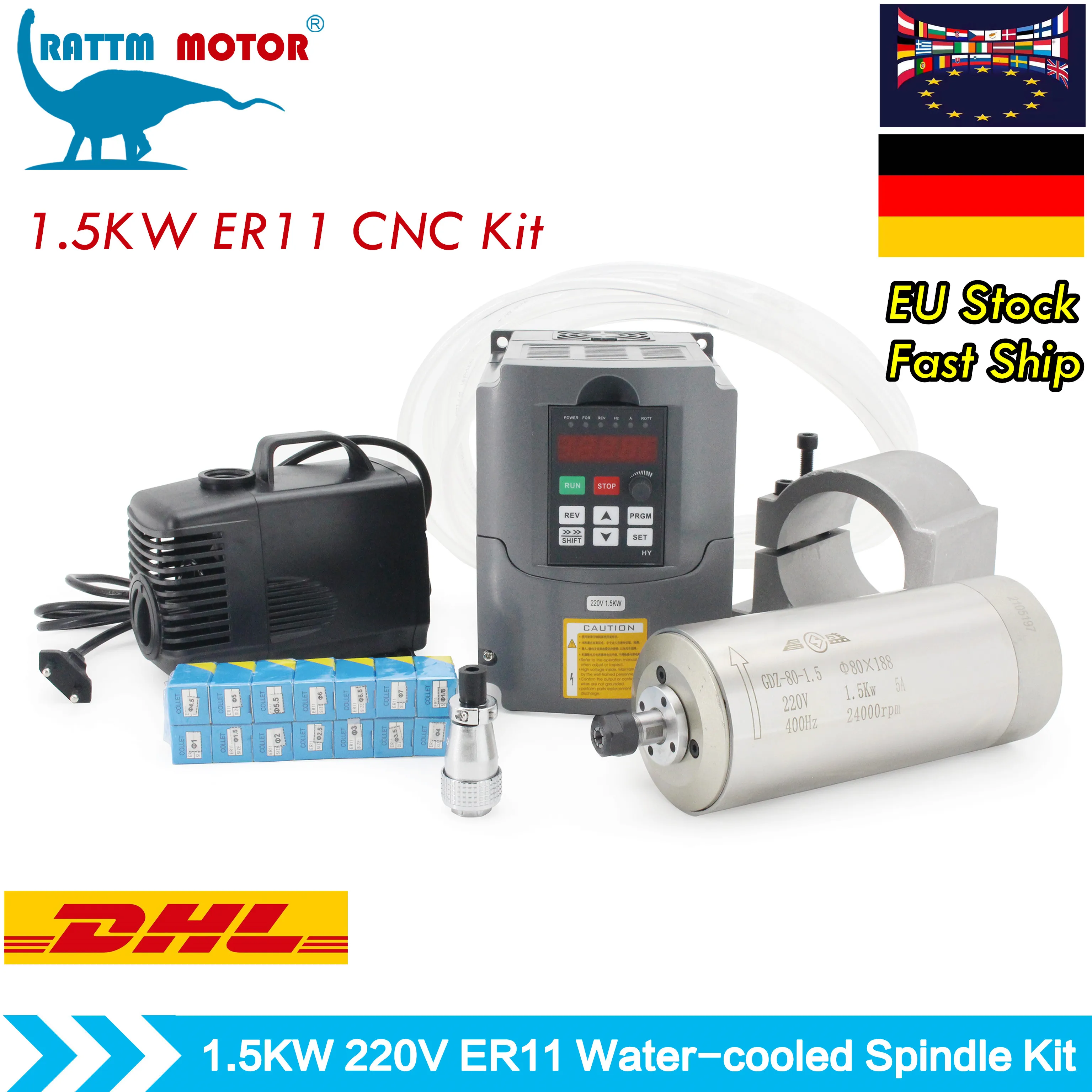 

【EU Stock】1.5kw Water Cooled Spindle Kit ER11 Water Cooling Spindle & Inverter & 80mm Spindle Bracket & 80w Water Pump & 5m pipe