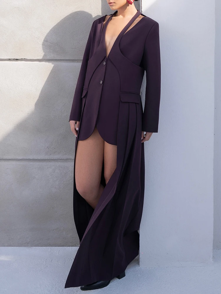 VGH Hollow Out Chic Solid Folds Blazer For Women Deep V Neck Long Sleeve Spliced Single Breasted Coats Female New Autumn 2024