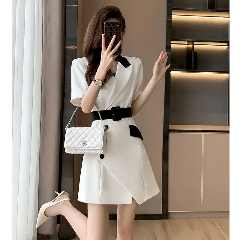 Summer Fashion Short Sleeve Blazer Dresses Women 2024 New French Suit Dress Womens Niche Design Mini Skirts Splicing Belt Dress