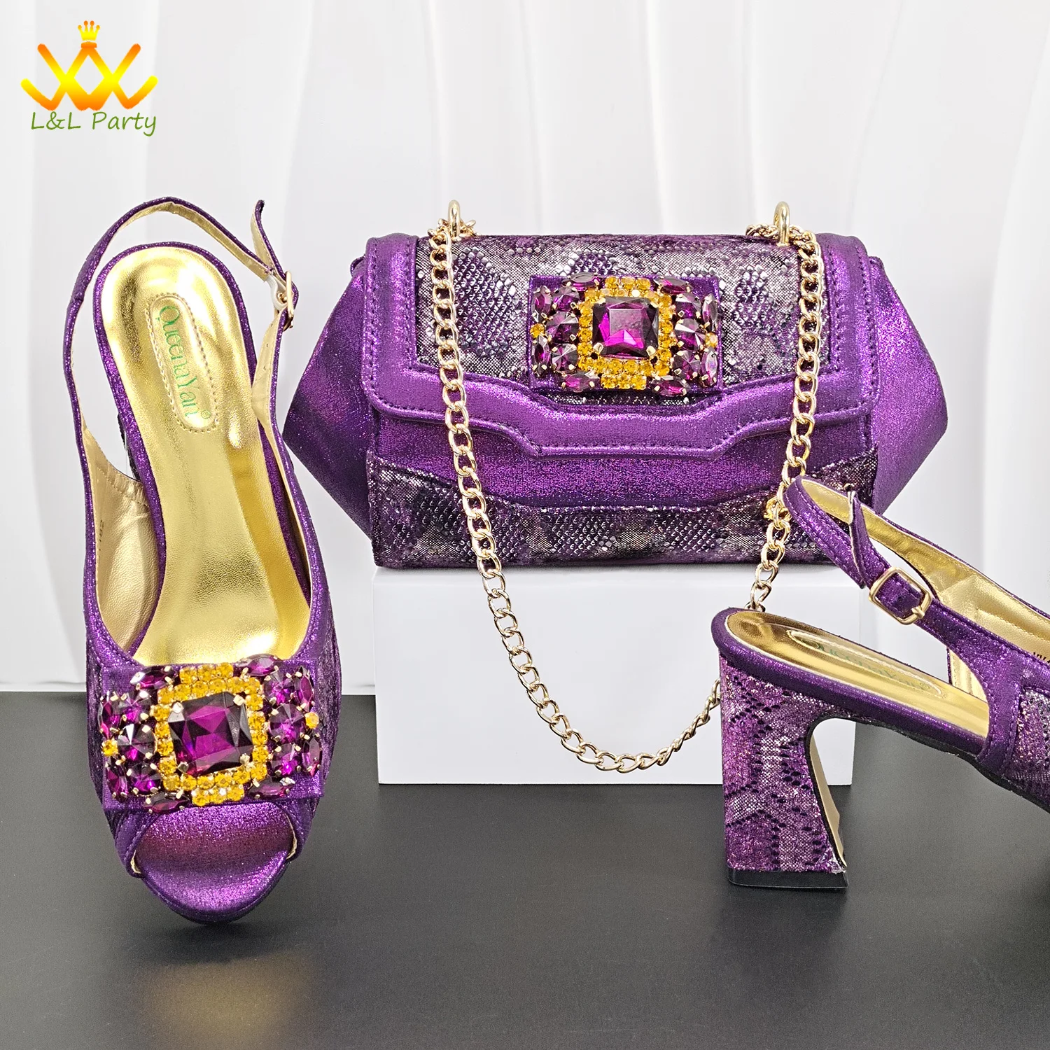

Изысканный комплект: туфли и сумка в итальянском африканском стиле для женщин, коллекция 2026 года, классика моды, фиолетовый цвет с кристаллами, для свадьбы