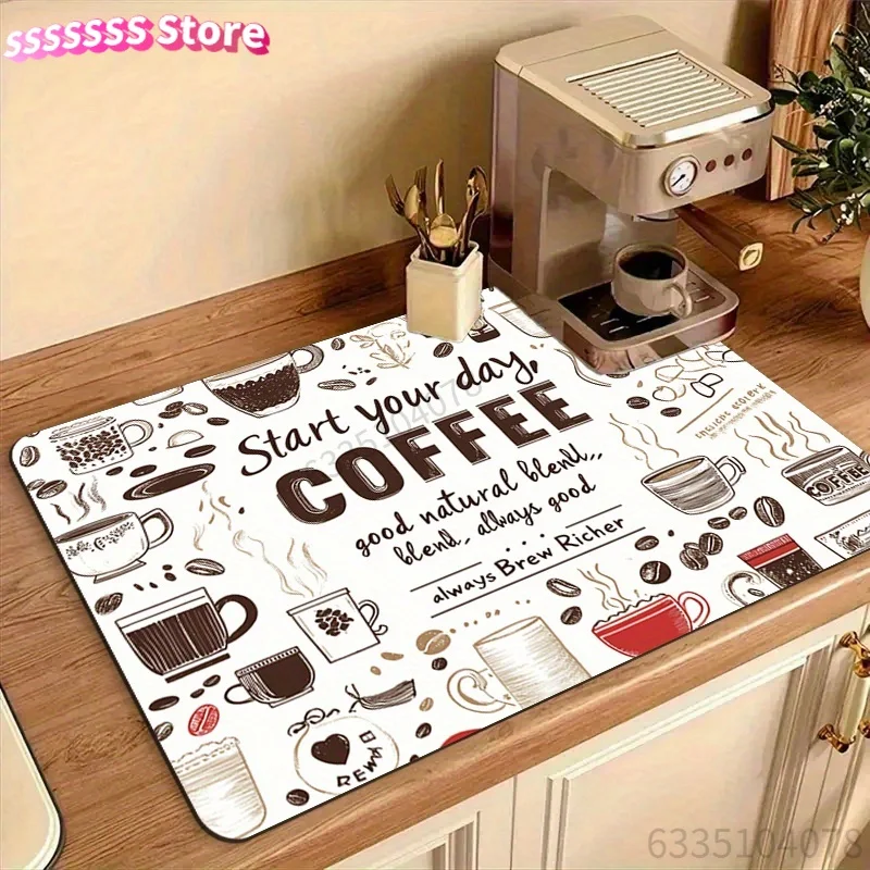 Vitality Coffee Element Quick-Dry Non-Slip Coffee Mat - Polyester Diatomite Material, Countertop Protective Film, with Creative
