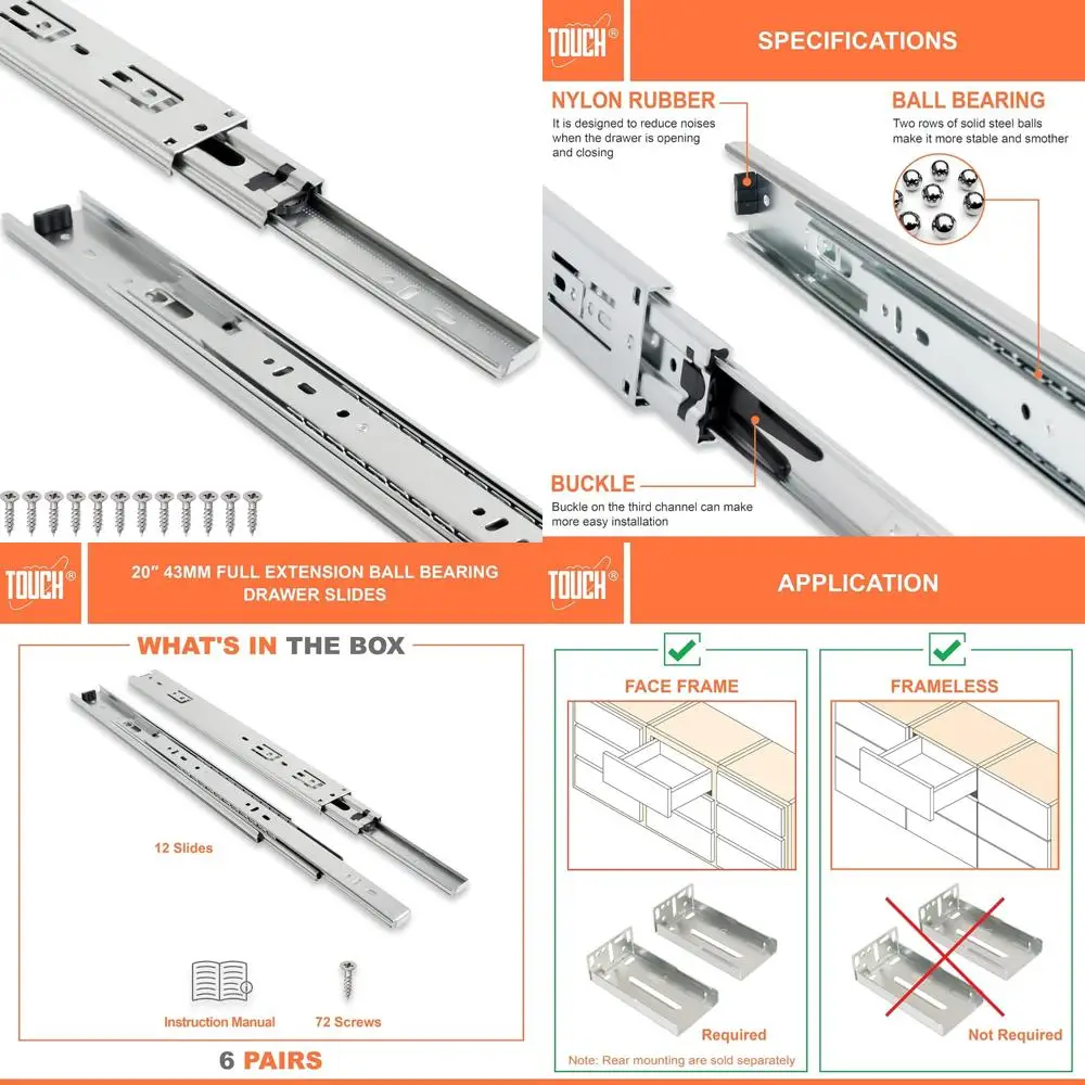 

Full Extension 20 Inch Metal Drawer Slides with 3 Folds, Side Mount, Ball Bearing Glides, 6 Pairs, 500mm Length, Track Guide Sys