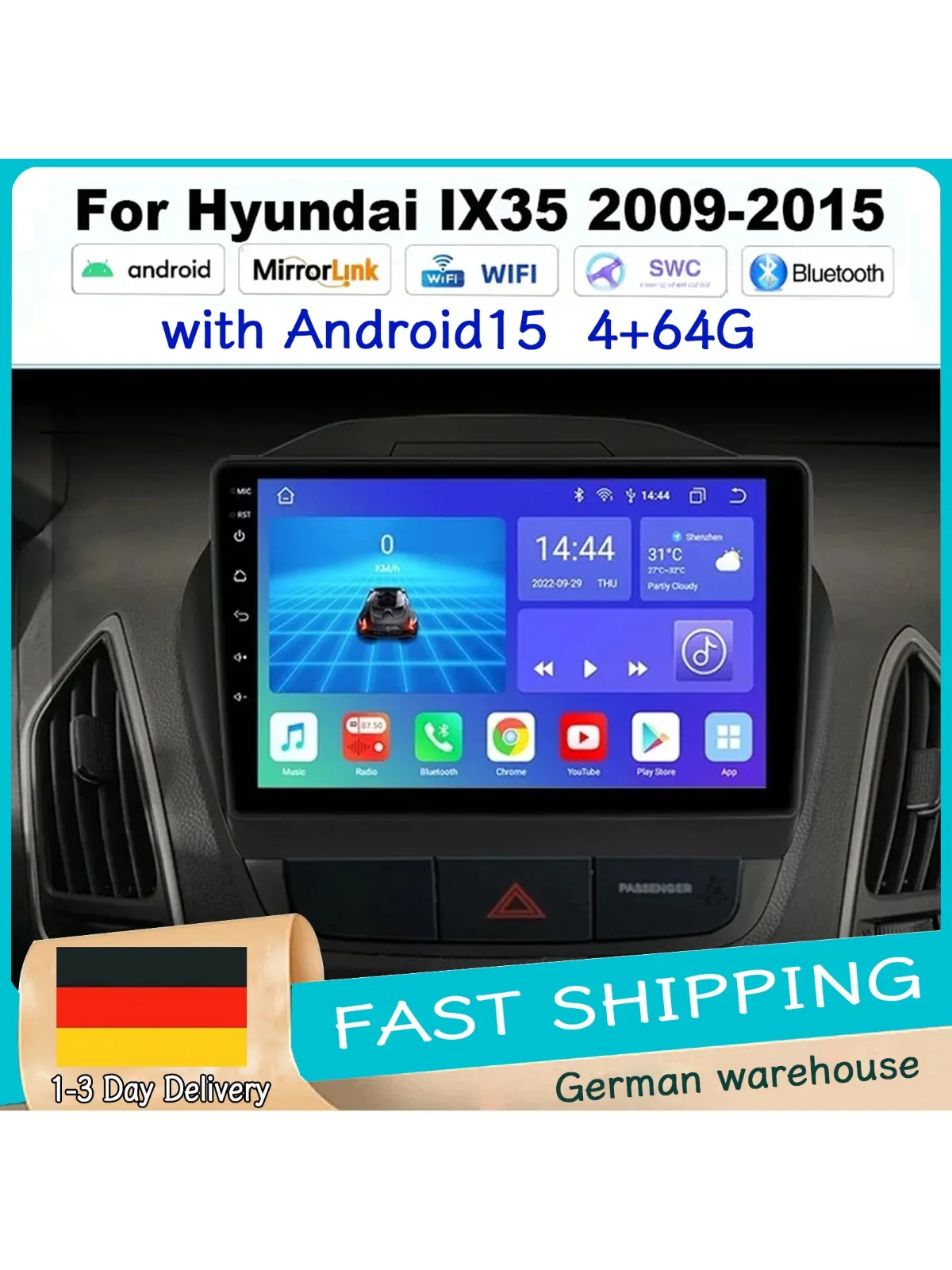 Double Din 10 inch autoradio 4+64G geschikt voor CarPlay Android Auto GPS navigatie Android 14 Wifi FM voor Hyundai IX35 2009-2015 - afbeelding 2