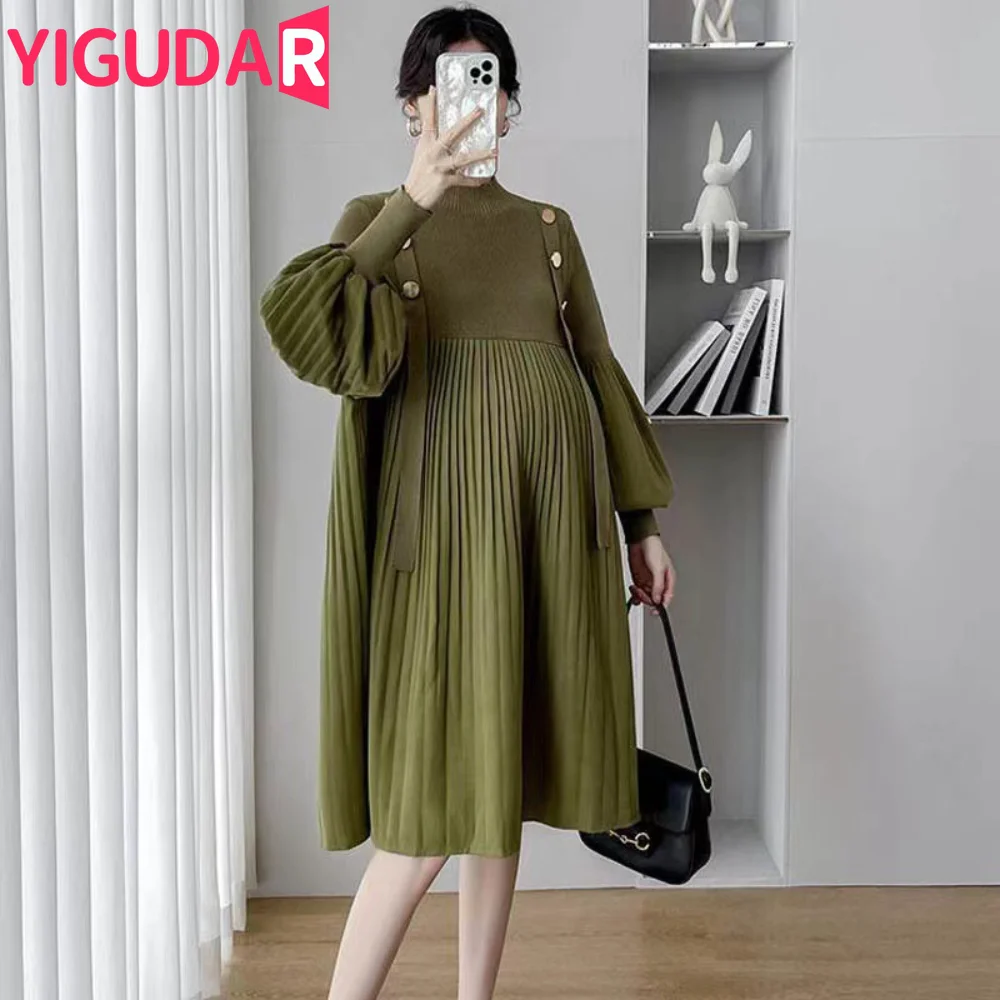 

Korean Elegant vestidos de fotografia Maternity Dresses Causal Loosed Knitted Pregnancy Woman Clothes Fashion Autumn Suits