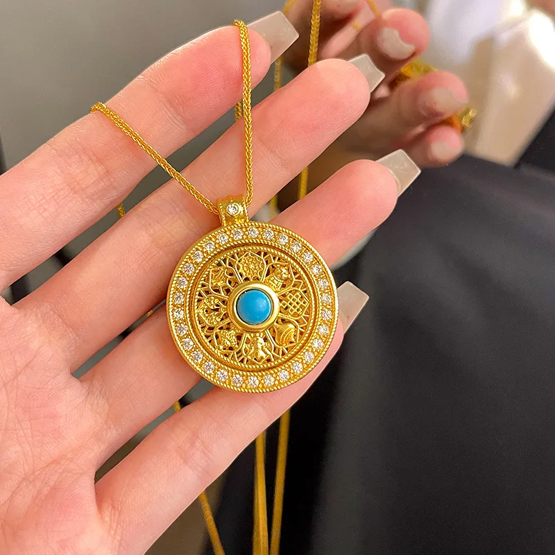 New in antique gold crafts round rotatable eight treasure compass necklace retro diamond inlaid turquoise collar chain jewelry