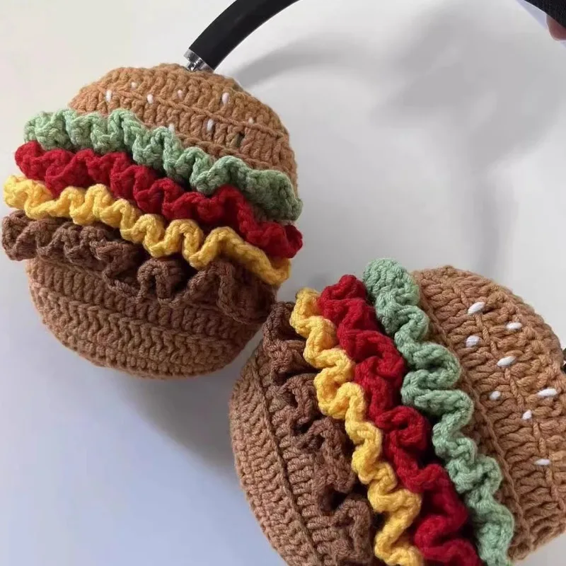 Custom Hamburger Airpods APM Headphones Cover Cute Handmade Crochet Wool Protective Case Cover Decoration Headphones Accessory