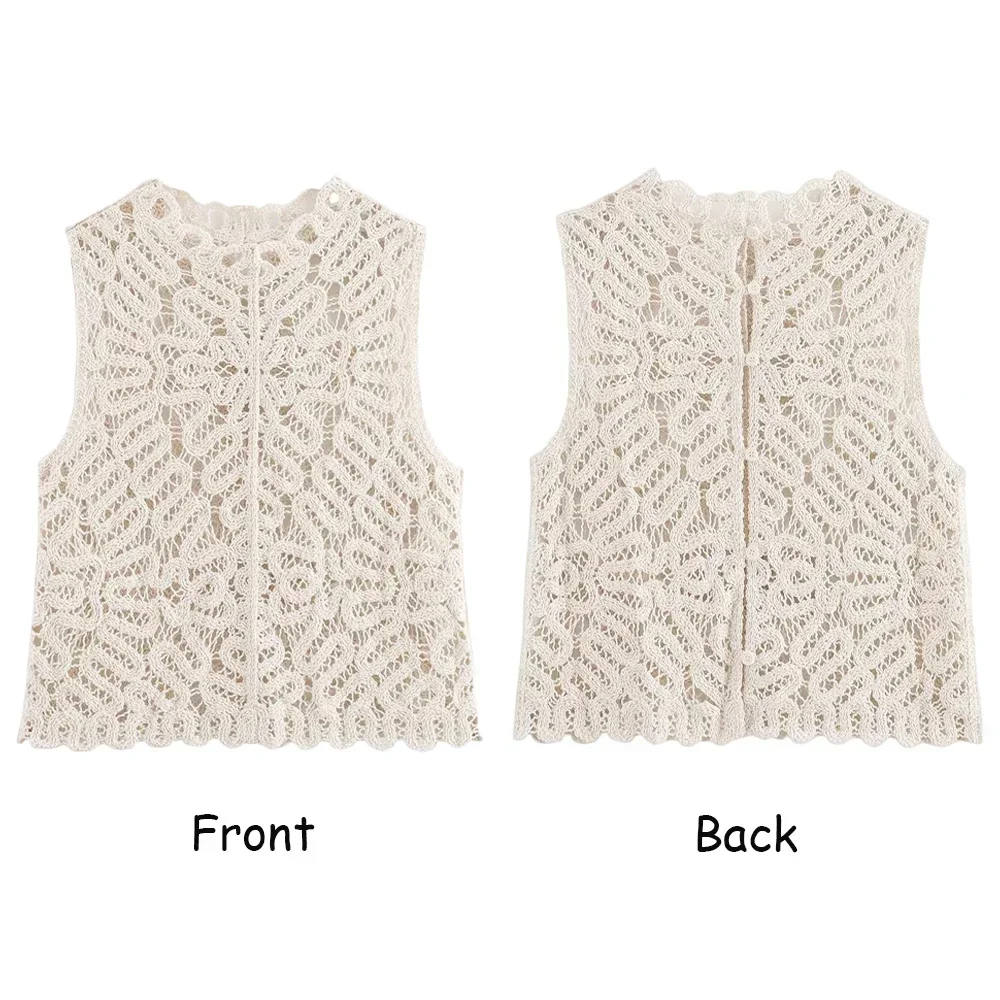 TRAF ZR Elegant Crochet Skirt Sets Knitted Women 2-pieces Sets O-neck Sleeveless Tops Back Button Closure Midi Skirt Front Split