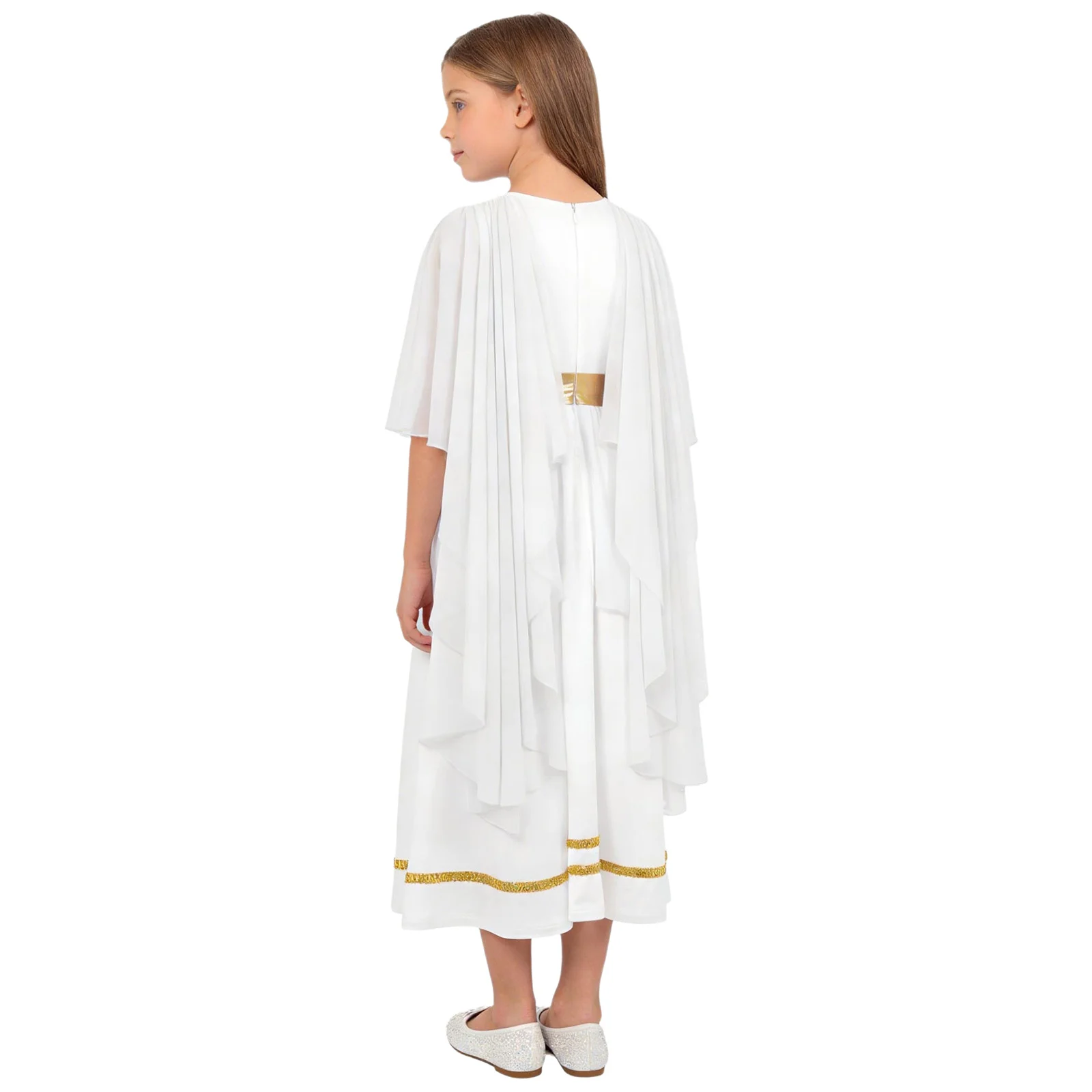 Girls Halloween Ancient Greek Robe Dress Sleeveless Shawls Patchwork Flowy Tulle Dress+Head Wreath Headwear Theme Party Costume