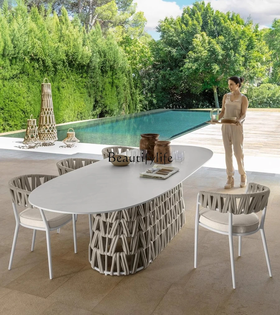 

01Outdoor table courtyard villa garden leisure rattan chair terrace rock slab dining table outdoor round table