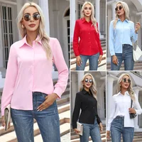 1 Uds. Camisas de color liso para primavera y otoño para mujer, camisa holgada informal de manga larga con cuello vuelto, Tops con temperamento a la moda para mujer