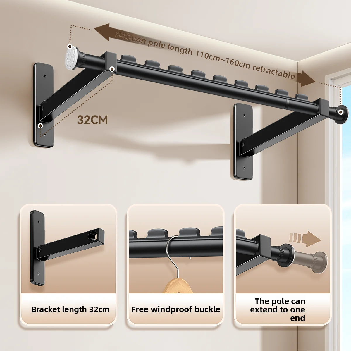 

Invisible Side Mount Clothes Drying Rack Foldable Wall Hanger No Drill Extendable Balcony Laundry