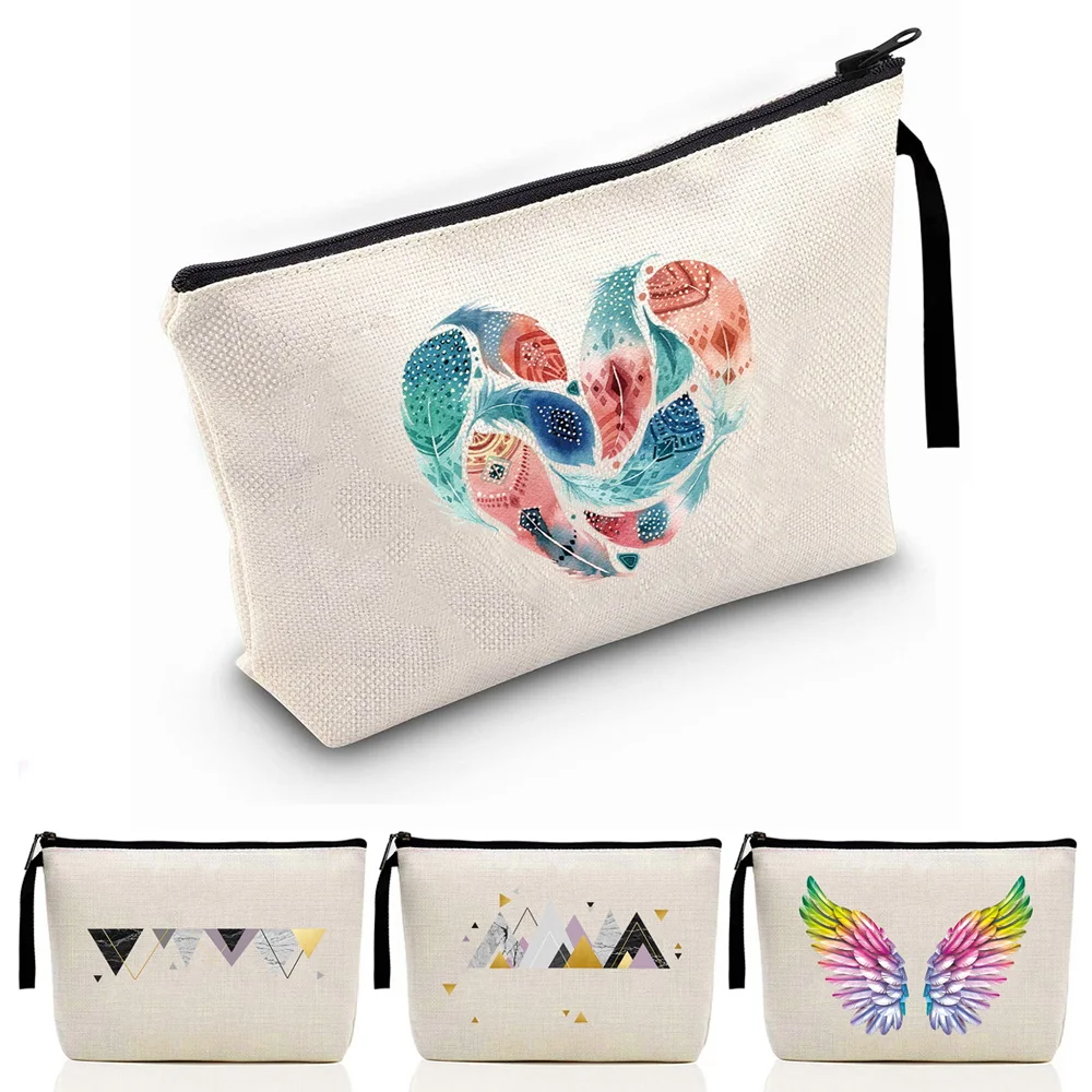 Neceser de Viaje Portátil de Lona con Estampado de Plumas, Bolsa de Maquillaje para Mujer, con Cierre, Color Beige, Monedero, Estuche para Lápices
