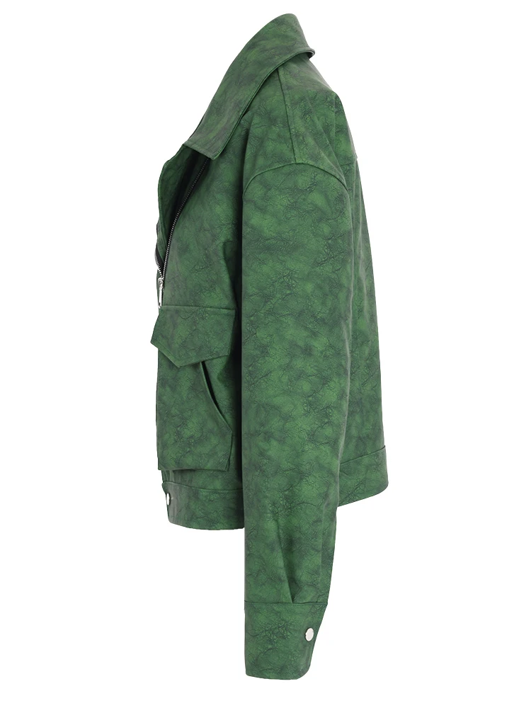 EAM-Blouson en cuir PU femme, vert, décontracté, vintage, manches longues, revers, tendance printemps automne 2024, CPG1069