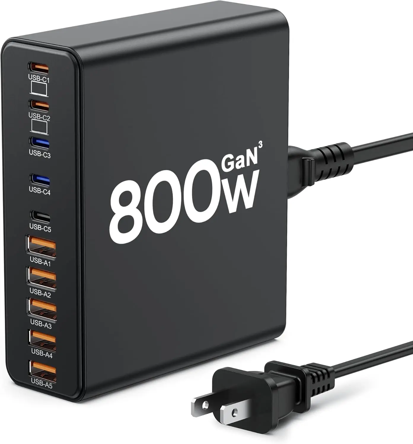 800W 10-Port GaN Fast Charger with USB-C & USB-A for Laptops, Phones, Tablets (Black)