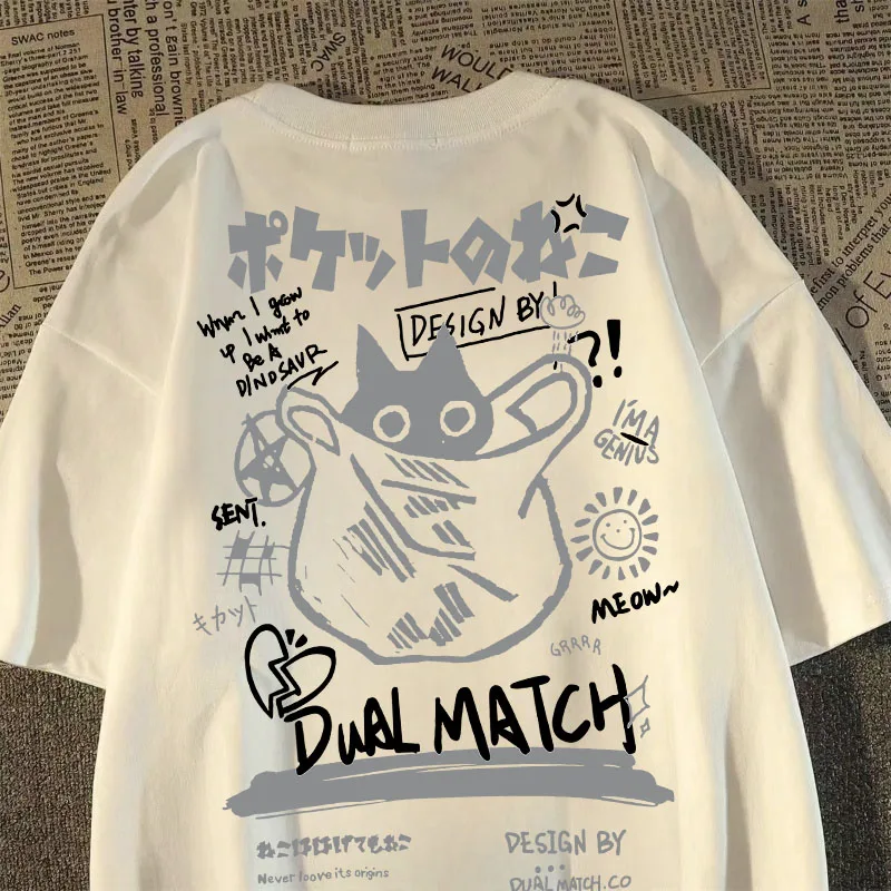 

100 Pure Cotton Heavy American Retro Pocket Cat Print Short-sleeved T-shirt Summer Men and Women Couple Loose Ins Trendy Top