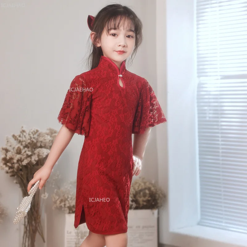 Chinese Style Flower Girl Dress Dresses Red Children Girls Cheongsam Party Gown for Kids Clothes Vestido New Vintage Princess