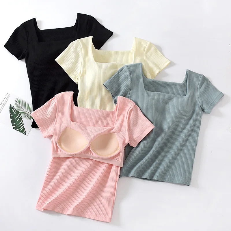 Ribbed Cotton Women\'s T-Shirts Short Sleeve Solid Color Wireless with Padded Bust Slim Base Layers Top Female Blouse C5551