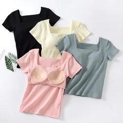 Ribbed Cotton Women's T-Shirts Short Sleeve Solid Color Wireless with Padded Bust Slim Base Layers Top Female Blouse C5551