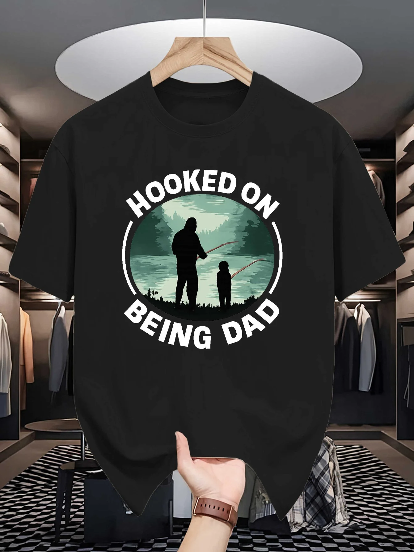 Mens Crew Neck T Shirt Hooked On Being Dad Fishing Silhouette Graphic Short Sleeve Casual Cotton Outdoor Fisherman Street Tees