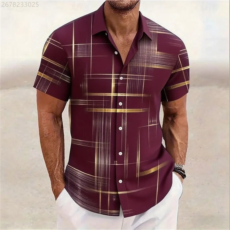 Summer Men's Geometric Grid Plaid Gradient Color Pattern Shirts Short Sleeve Hawaiian Shirt Button up Shirts Shirt Men's Tops