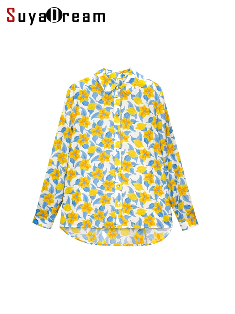 

SuyaDream, Woman Floral Shirts, 30%Silk 70%Cotton, Long Sleeved, Holiday Style Blouses, 2023 Spring Summer Printed Top, Yellow