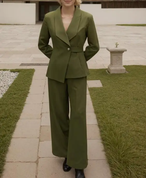 

Two Piece Set Women Outfit 2025 Spring Autumn New Long Sleeved Turn-Down Collar Blazer & Office Lady Straight Leg Pants Set