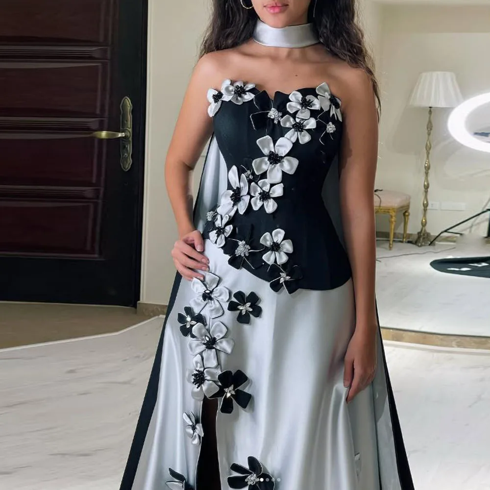فساتين حفلة موسيقية مخصصة باللونين الأبيض والأسود مع لف بدون حمالات مصنوعة يدويًا على شكل زهرة فستان سهرة رسمي بألوان متباينة تلبية حفل فيستدو