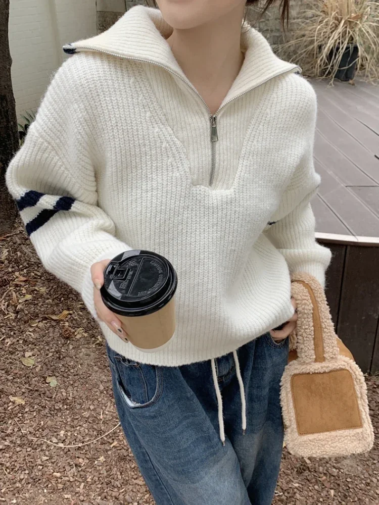 Knitted Sweater Women 2024 Winter New Zippers Turn-down Collar Women\'s Fashion Sweaters Grey White Vintage Turtleneck Pullovers