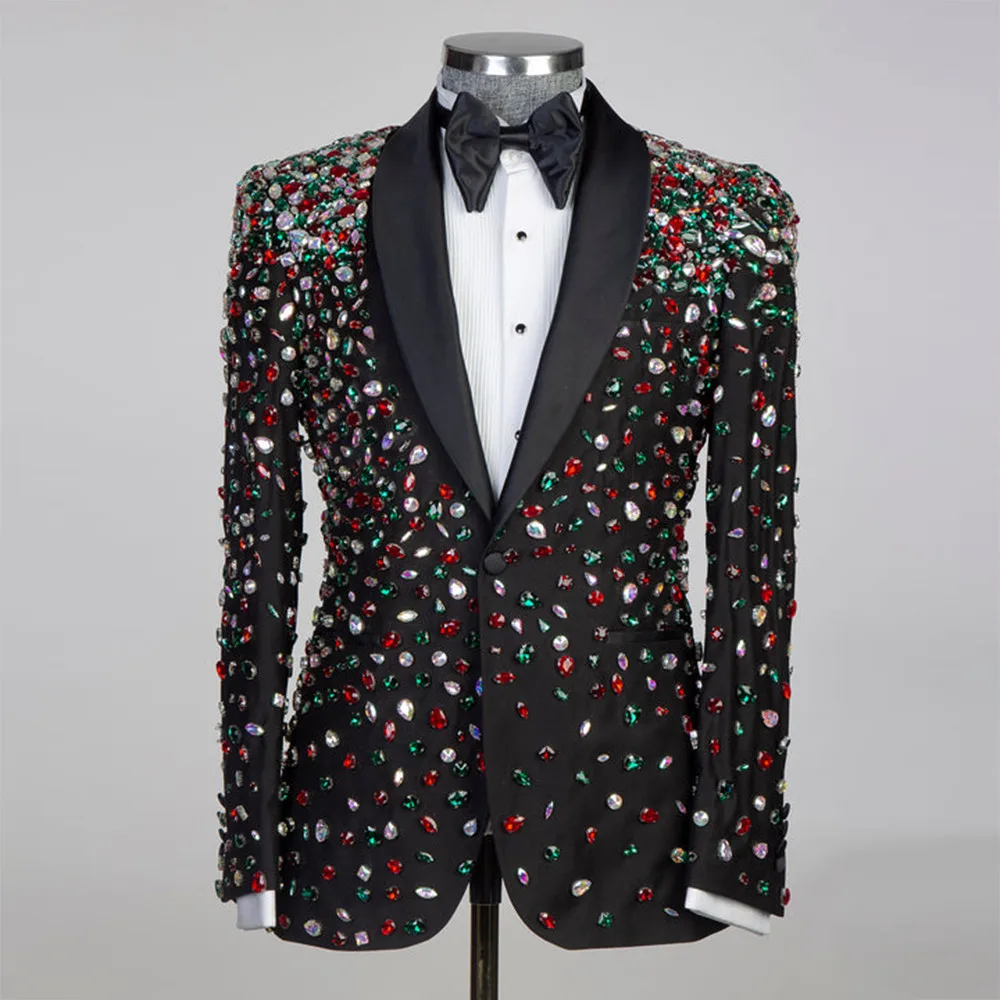 Handmade Jewelry Diamond Suits Men Black Shawl Lapel Colorful Beaded Prom Blazer Tailored Made Man Groom Wear Tuxedo 2 Pieces