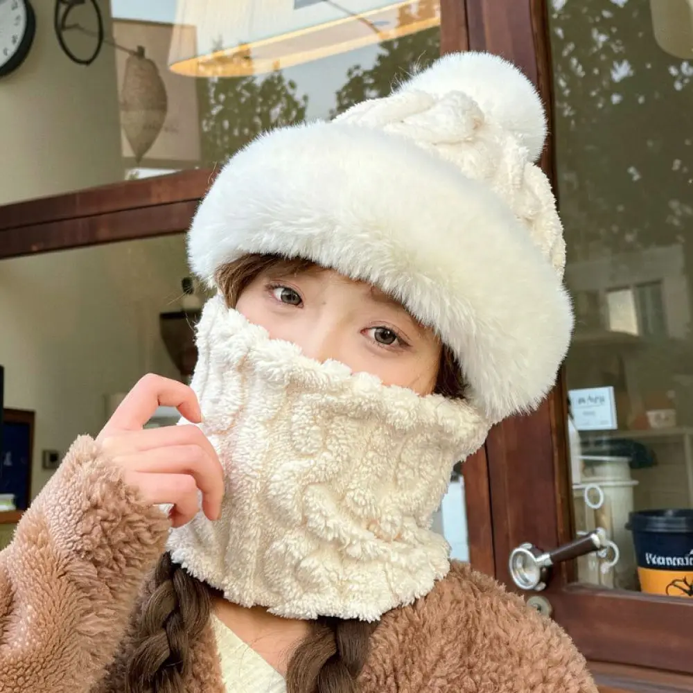 Winter Integrated Hat Scarf Mask Women Warm Thickened Plush Balaclava Cap Outdoor Cycling Windproof Ear Protection Hood