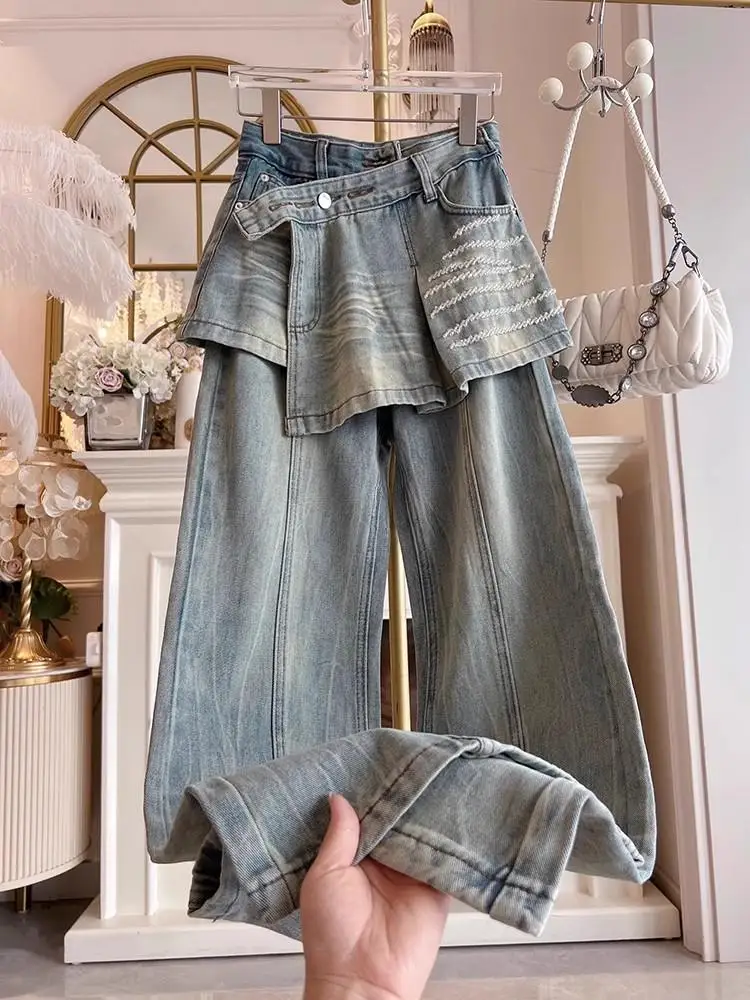 

2025 трендовые светло-голубые джинсовые брюки, женские повседневные универсальные джинсовые брюки с высокой талией, свободные широкие прямые брюки
