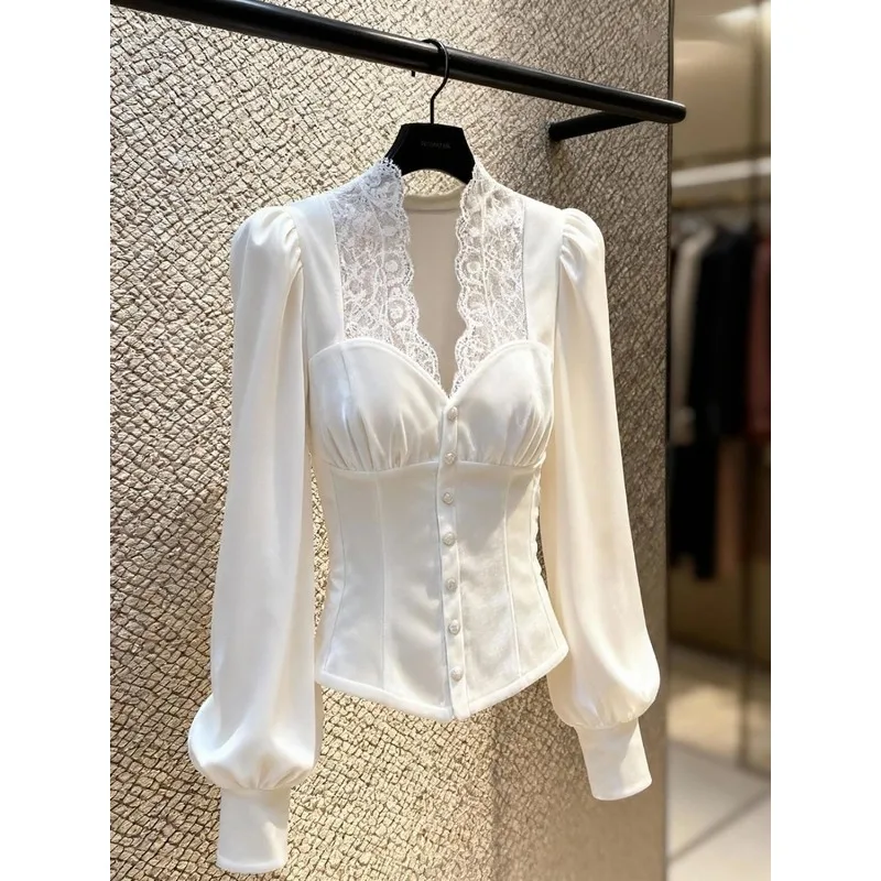 High Sense Temperament Top Women's Autumn and Winter Waist Design Sense Niche French Lace Splicing Velvet Bubble Sleeve Shirt