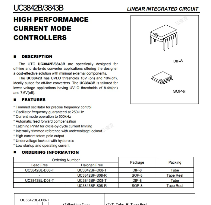 (10 pcs) UC3843BL-D08-T DIP-8 UC3843BL - Current Mode PWM Controller 500kHz 1A 3843BL