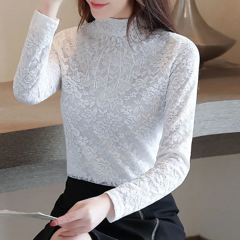 New Stand Collar Lace Women Blouse Long Sleeve Adding Velvet Thickening Blouse Shirt Women Top Camisas Blusa Blusas Blouses M631