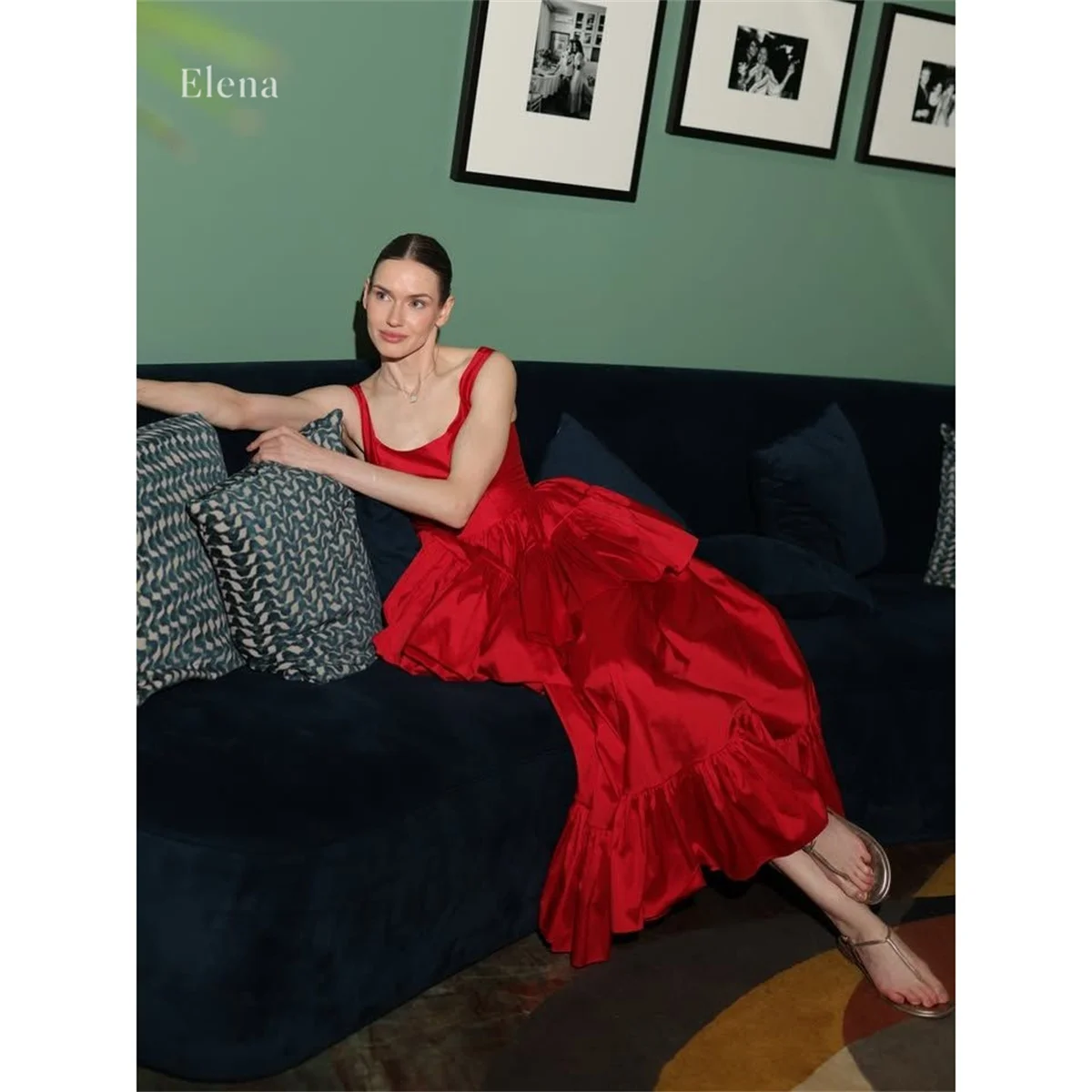 Elena Red Evening Dresses Ball Gown Square Neck Ruffles Prom Dress Floor Length women's wedding party attire Long Fit Customized
