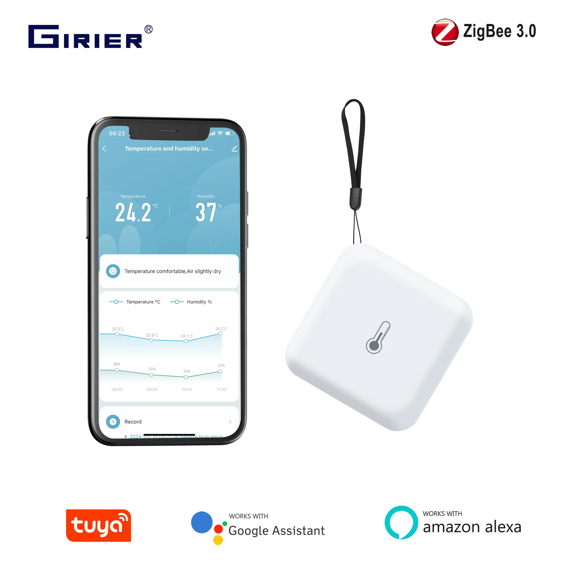 GIRIER Tuya ZigBee Temperature Humidity Sensor Smart Home Thermometer Indoor Hygrometer Supports Alexa Hey Google Home Assistant