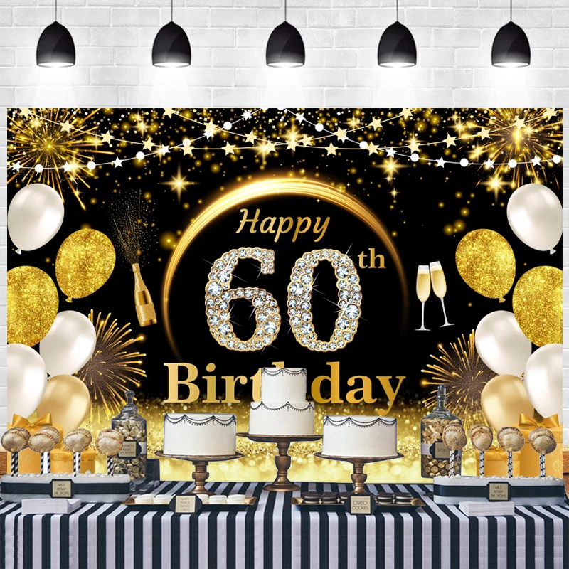 60th Backdrop 60 Years Birthday Party Theme Decorations for Man Woman Anniversary Banner Black Gold Glitter Photo Background