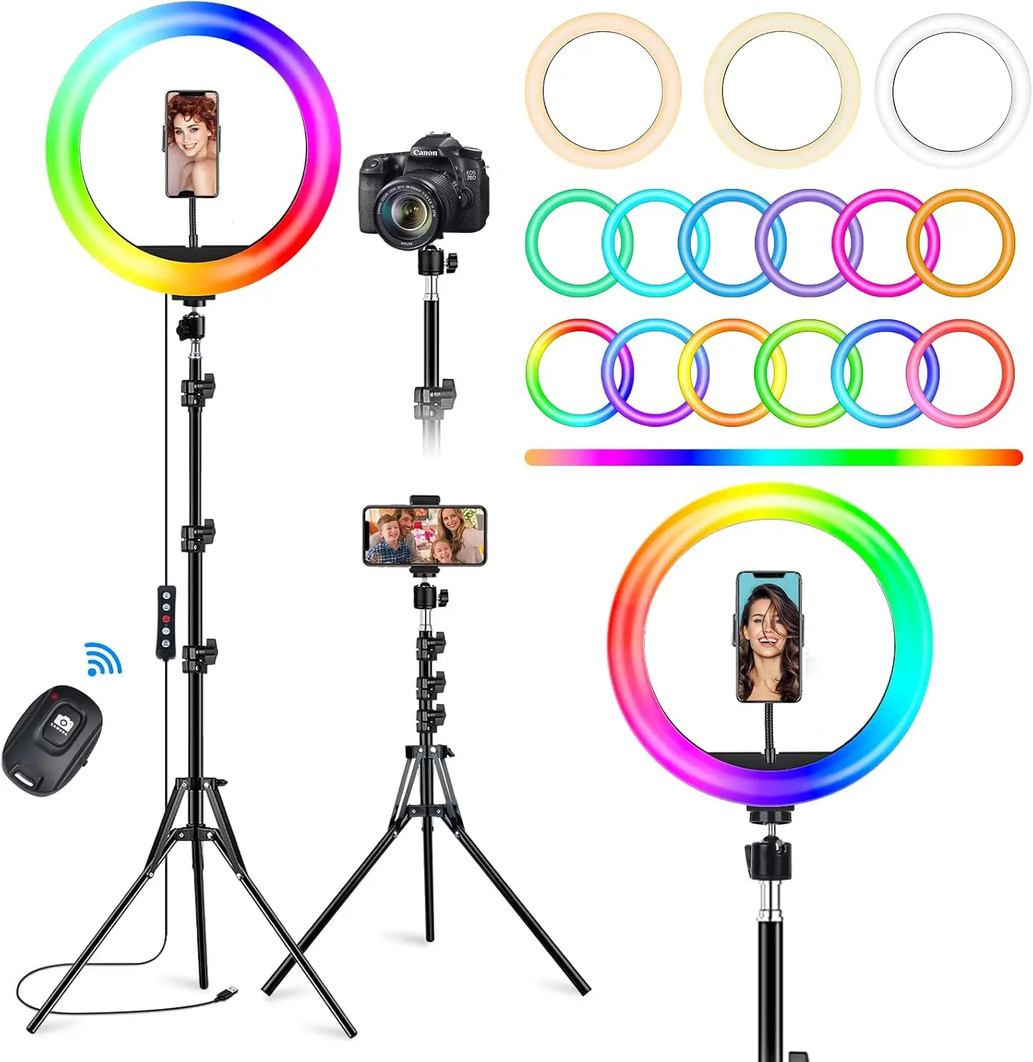 

10.2" Ring Light with Stand, 75" Tall Ring Light with Phone Holder and Wireless Remote, 12 Dimming Levels, 32 Color Mode