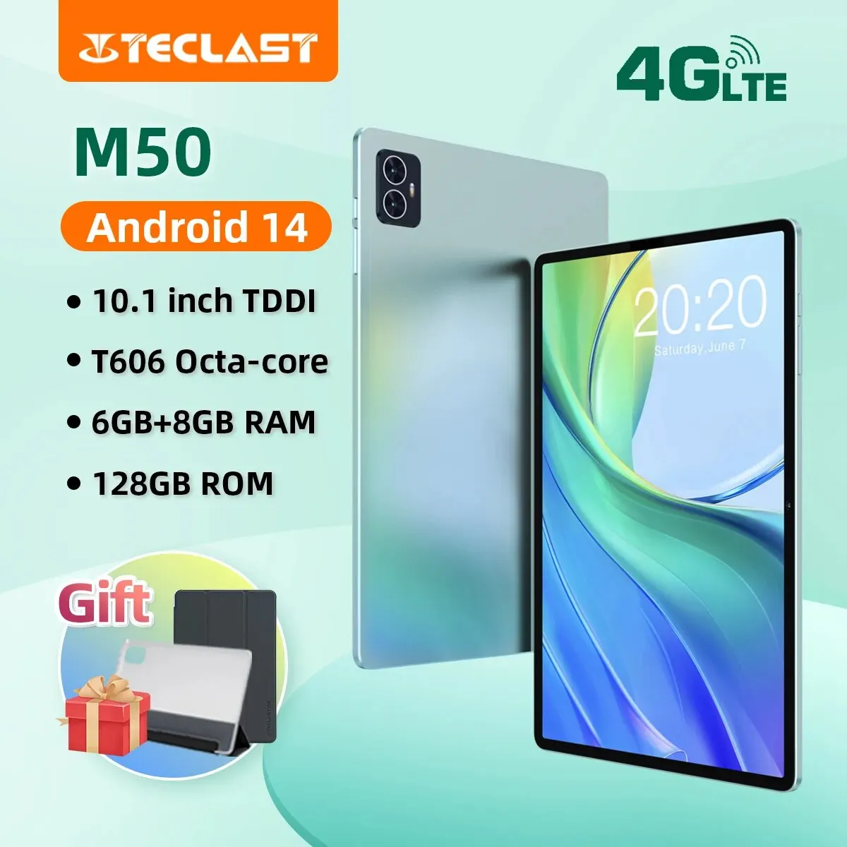 Teclast M50 Android 14 Tablet T606 8-core 6GB+8GB RAM 128GB ROM 10.1'' Incell Fully Laminated 4G Network GPS Widevine L1 8mm Slim