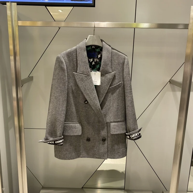 

Woolen Herringbone Pattern Suit Jacket Commute Versatile Long Sleeve Thickened Straight Cut Women's Fashion Outerwear