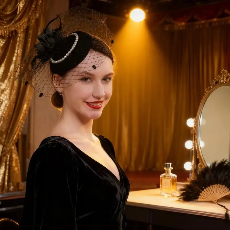 

39BB Кружевная шляпа-волшебница с жемчужным декором Заколка для волос Набор перчаток для торжественного случая