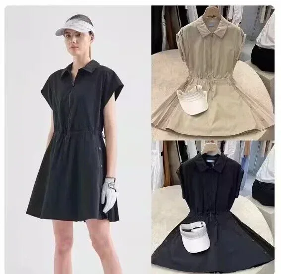 

Golf Gown 24 Summer Women's Polo Neck Cool Quick Drying Short Sleeve Dress Versatile Half Zipper Waist Long Dress