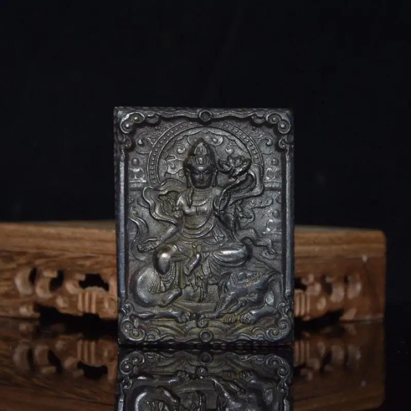 Hongshan Style Meteorite Iron Carved Samantabhadra Bodhisattva Plaque Tibetan Buddha Statue Pendant Decor Gift
