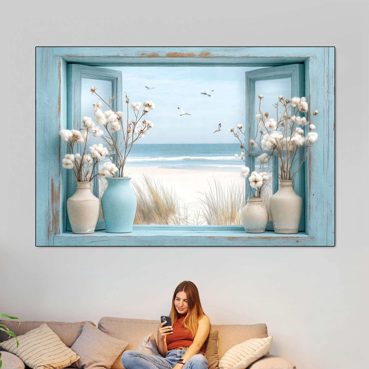 1pc, Nautical Beach Window View Wall Art, Dried Cotton in Vases Rustic Poster, Unframed Canvas Print for Living Room Home Decor